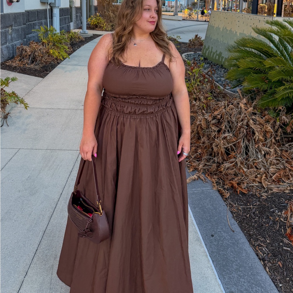 Brown Smocked Waist Maxi Dress